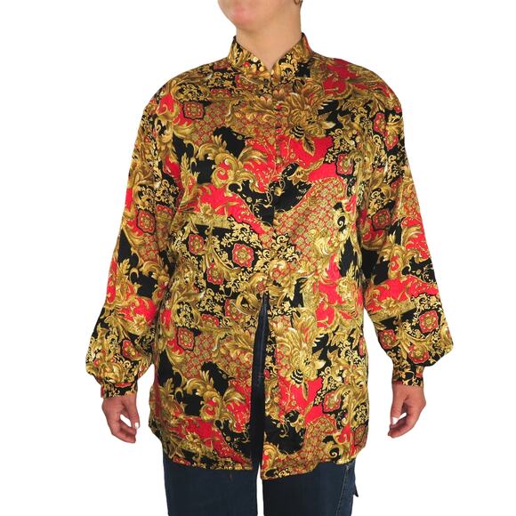 Tess Vintage Blouse Gold Black and Red Regal Button Down Blouse Large Gaudy Glam - Picture 4 of 5